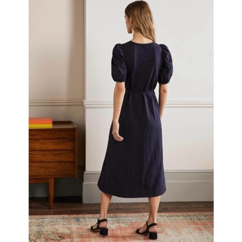 Boden Broderie Mix Jersey Midi Dress 12 Navy Blue Cotton Eyelet Puff Sleeves - Picture 3 of 13